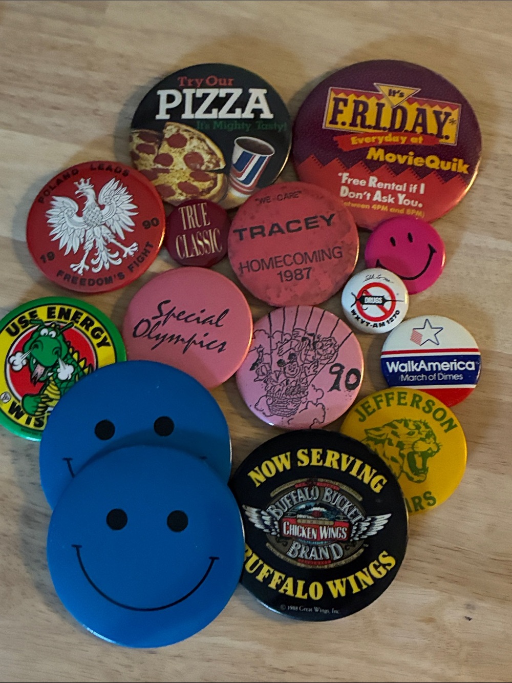 Vintage Smiley Face & Assorted Button Pin Lot - Blue, Pink, Yellow, Black